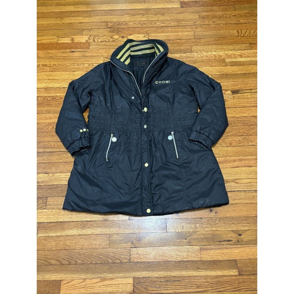 Coogi Womens Parka Jacket Size 2X Black w/ Gold Trim Embroidered Studded Logo